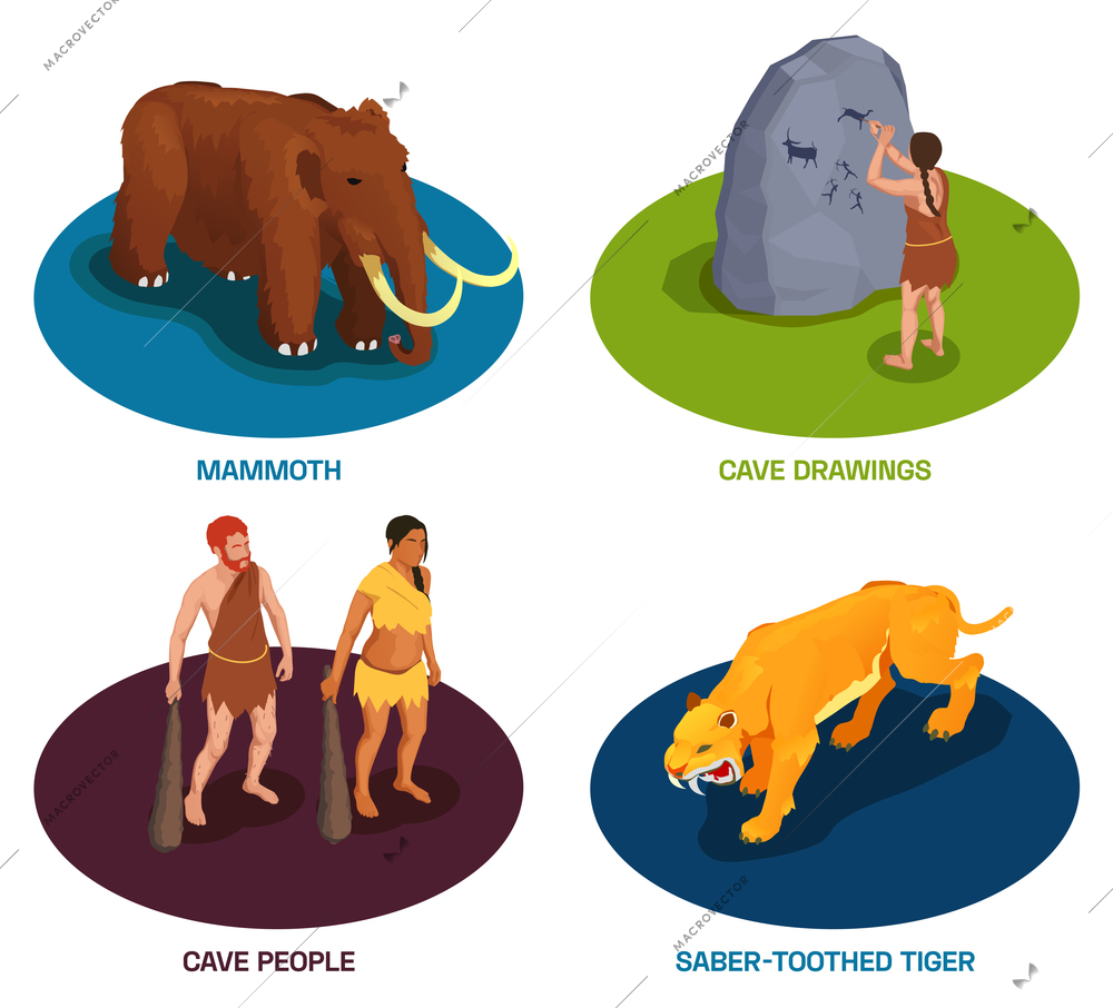 Caveman prehistoric primitive people set of compositions with text ancient animals and characters of tribal people vector illustration