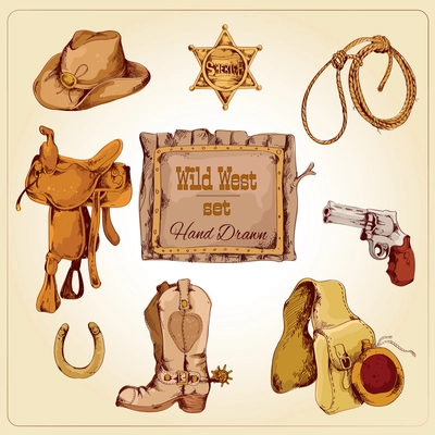 Wild west cowboy colored hand drawn set with boots flask gun isolated vector illustration