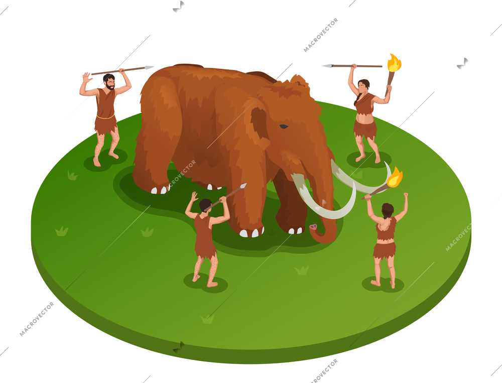 Caveman prehistoric primitive people isometric composition with image of mammoth being attacked by group of people vector illustration