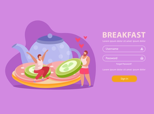 People with breakfast flat landing page two people on sandvich and personal account interface vector illustration