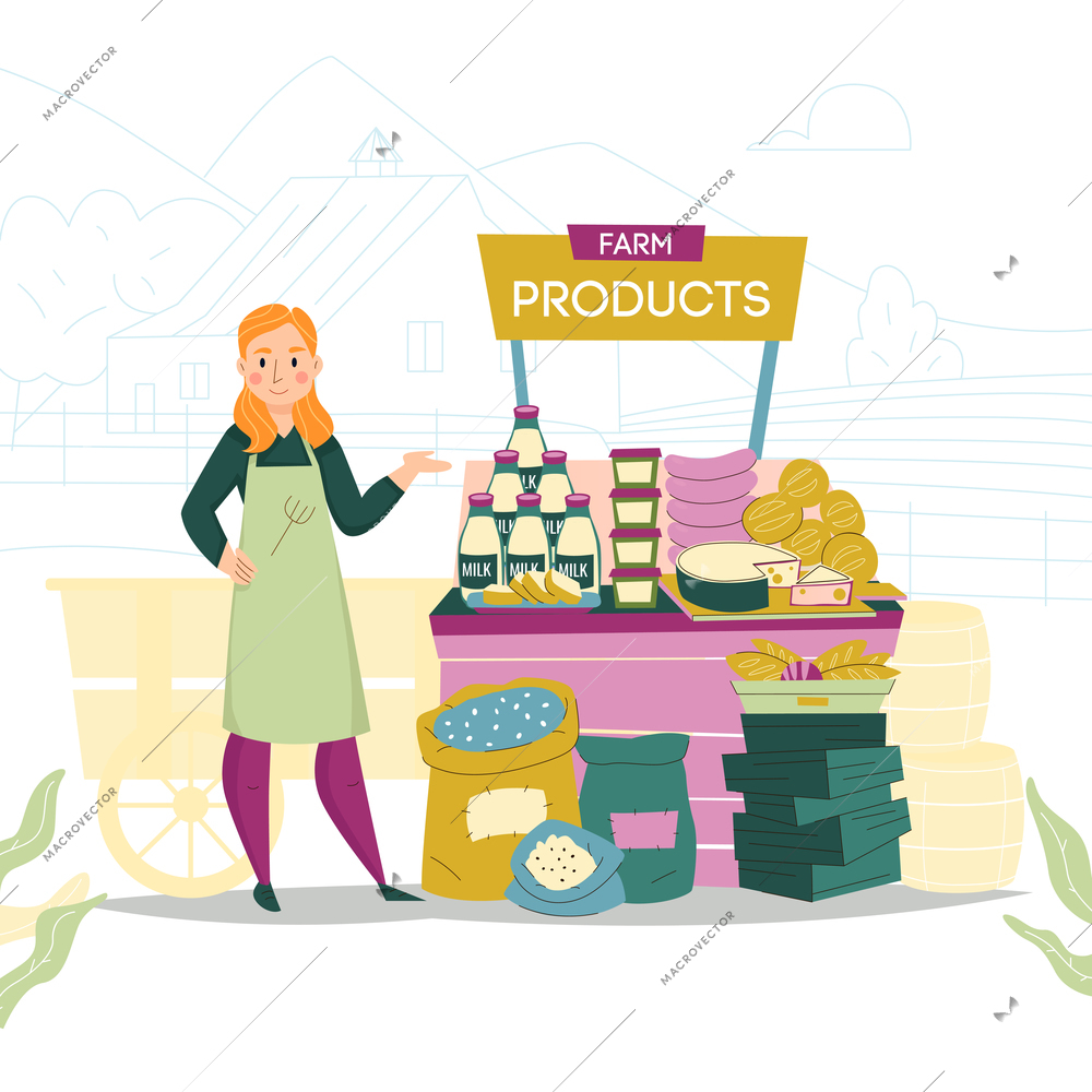 Natural product seller composition with outdoor stall filled with farm products and female character of assistant vector illustration