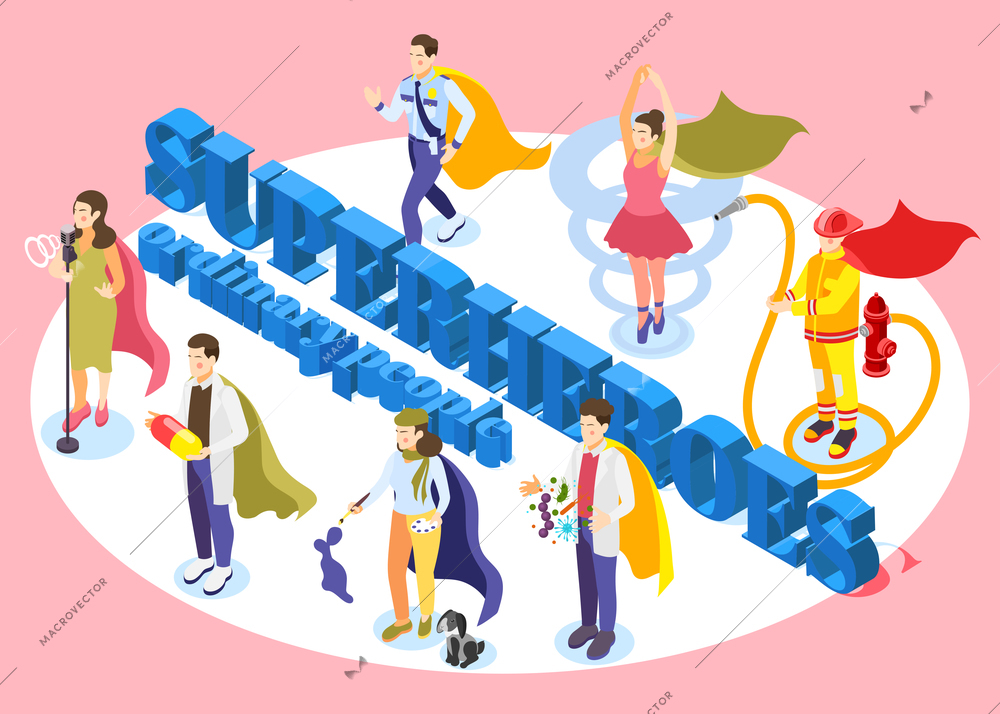 Ordinary people superheroes isometric circular composition with singer scientist pharmacist painter fireman dancer wearing cape vector illustration