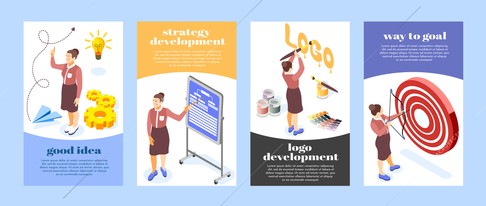 Brand building creative ideas logo design setting goals development strategy 4 isometric vertical posters set vector illustration