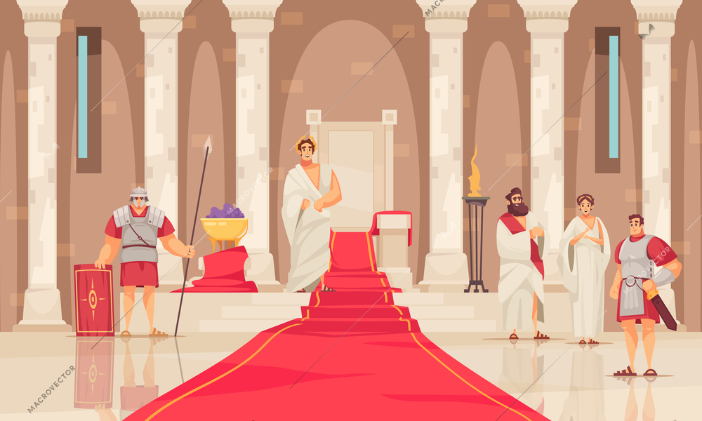 Emperor and his throne in ancient rome castle cartoon vector illustration