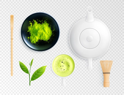 Matcha tea realistic set with isolated images of essential elements for tea ceremony on transparent background vector illustration