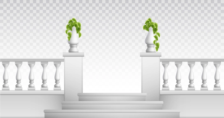 Transparent background with outdoor and vintage park elements so as stair balustrade decorative vases realistic vector illustration