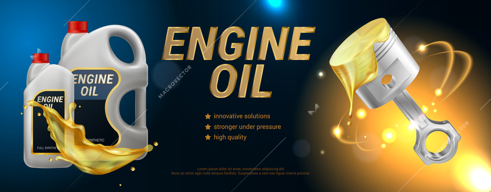 High quality engine oil advertising horizontal  poster with description of properties realistic vector illustration