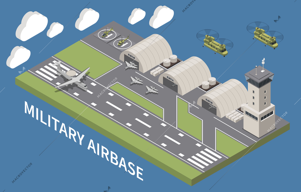 Military airbase airfield aerodrome facility with hangars traffic control tower landing aircraft flying helicopters isometric vector illustration