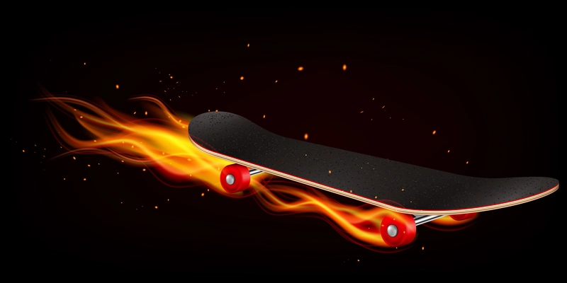 Skateboard on fire at dark background with sparks demonstrated effect of fast motion  realistic vector illustration