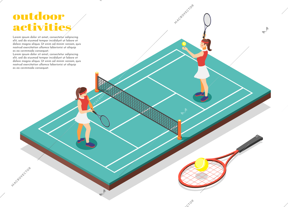 Outdoor activities isometric background with two young girls in swimsuit playing tennis on court vector illustration