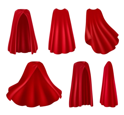 Red mantle realistic images set of isolated robes on blank background with various angles and poses vector illustration