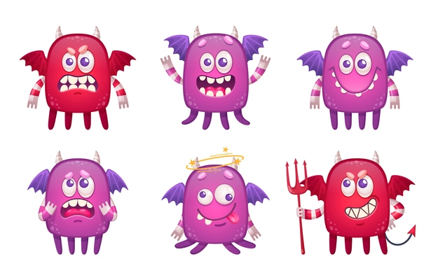 Cartoon monster emoticons set with six characters of childish beasts with wings isolated on blank background vector illustration