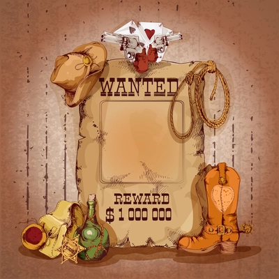 Wild west wanted man for reward poster with cowboy elements vector illustration