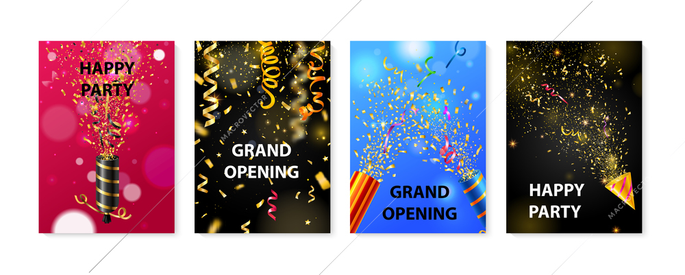 Four colorful party posters realistic set with poppers and serpentine isolated vector illustration