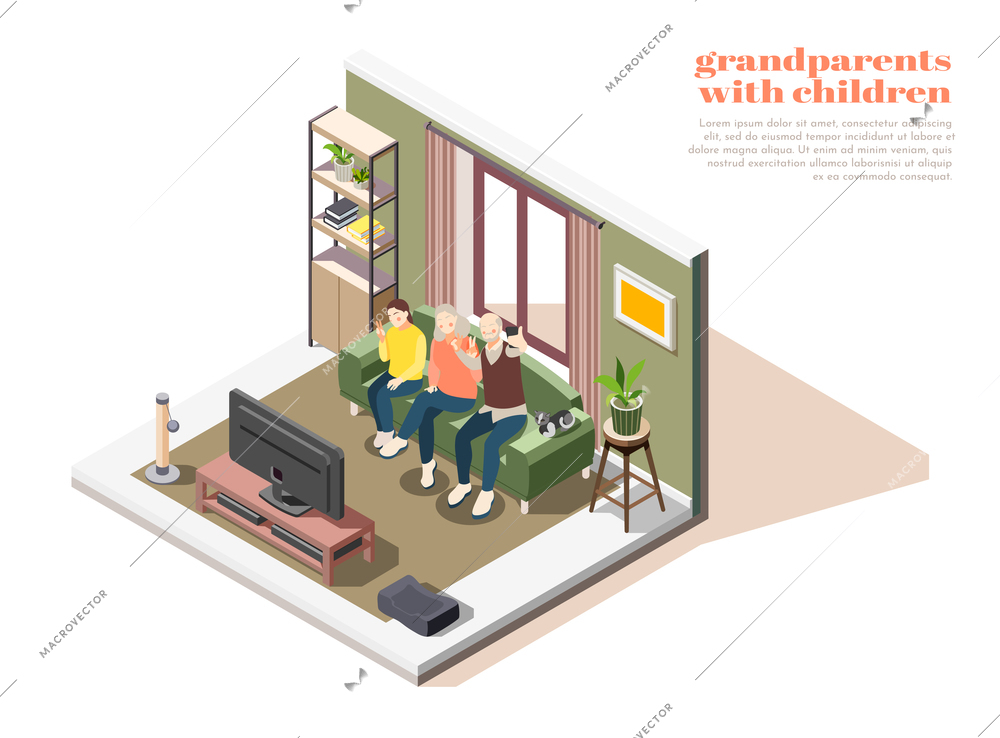 Grandparents with children composition of two elderly people and young girl taking selfies together isometric vector illustration