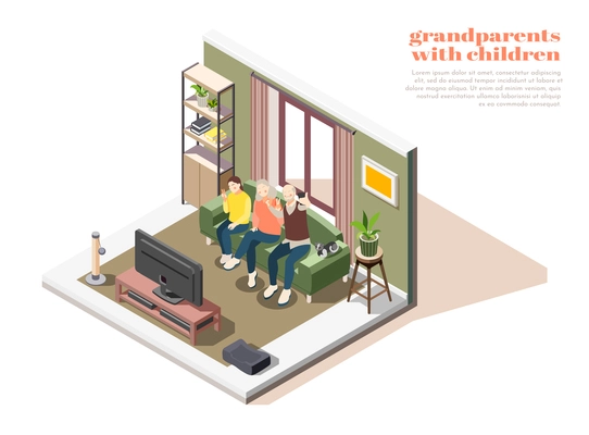 Grandparents with children composition of two elderly people and young girl taking selfies together isometric vector illustration