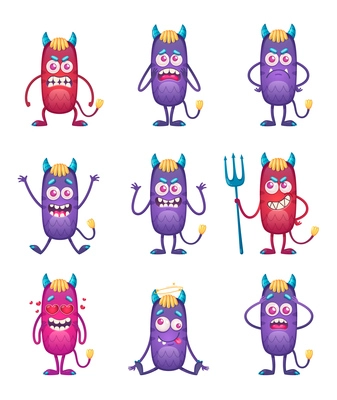 Cartoon monster isolated emoticons set with nine funny characters of violet and red colored smiley monsters vector illustration