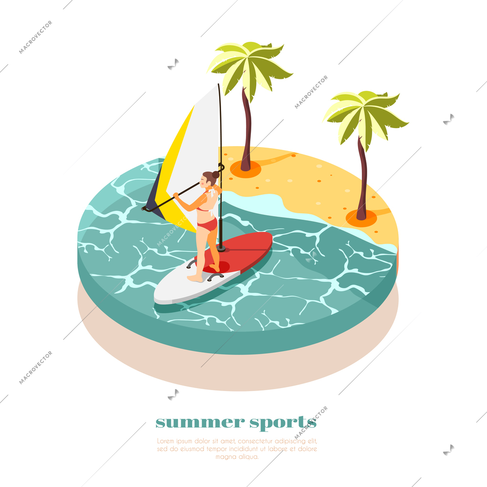 Windsurfing isometric composition with young woman in swimsuit on windsurf board  at south sea background vector illustration