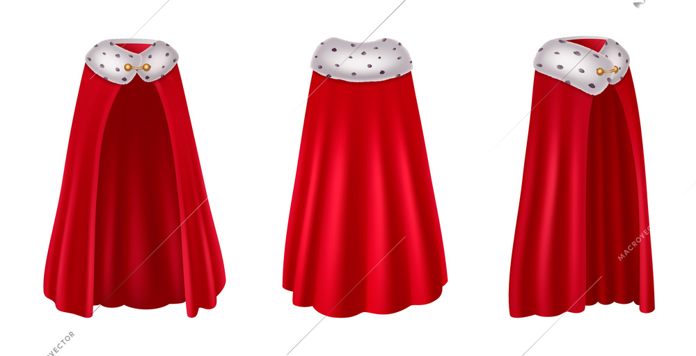 Red mantle hood realistic images set with three isolated views of royal robes purple luxury dress vector illustration