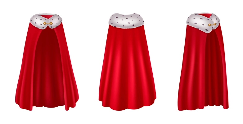 Red mantle hood realistic images set with three isolated views of royal robes purple luxury dress vector illustration