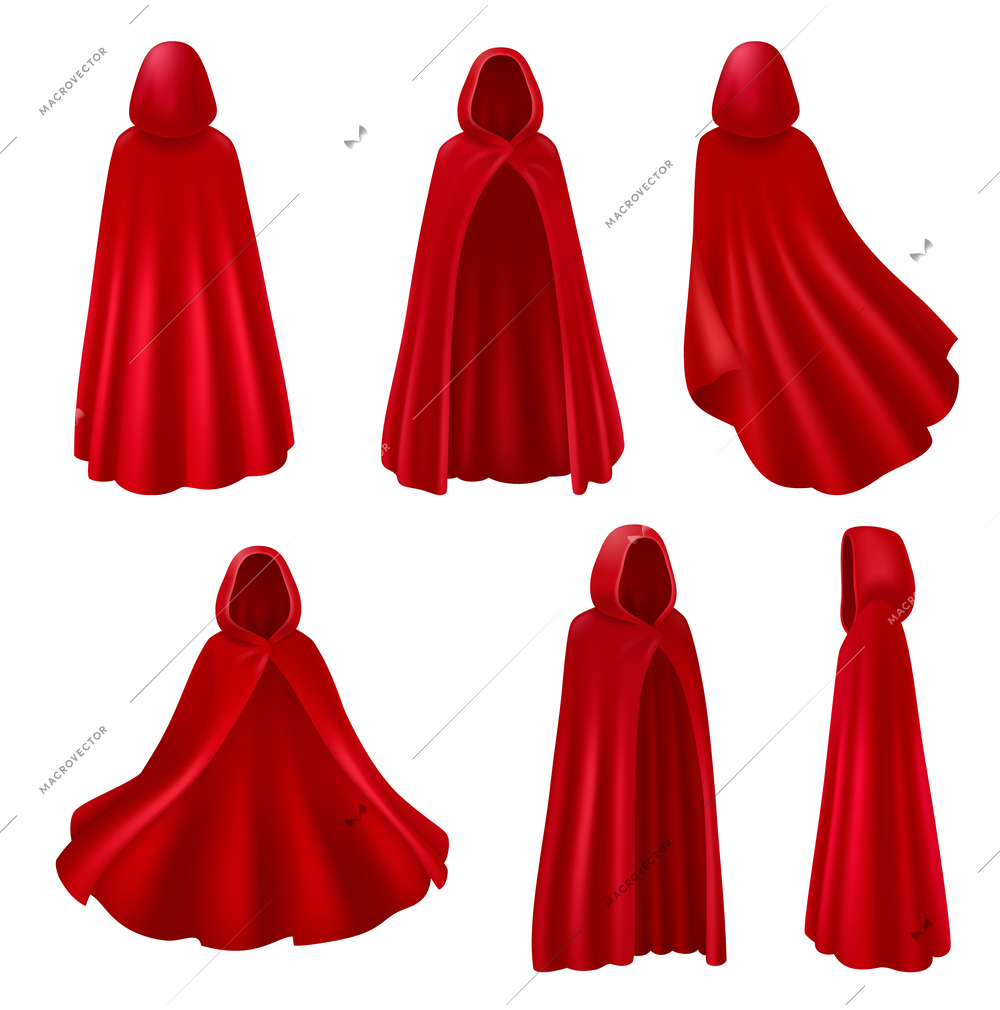 Red mantle hood realistic set with isolated images of long robes from different views with cowls vector illustration