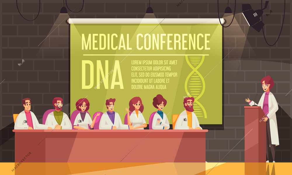Colored medical conference banner with speaker and participants in the conference room vector illustration