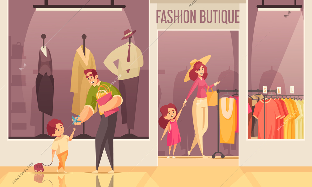 Colored shopping clothing store composition people walk by and inside the store vector illustration