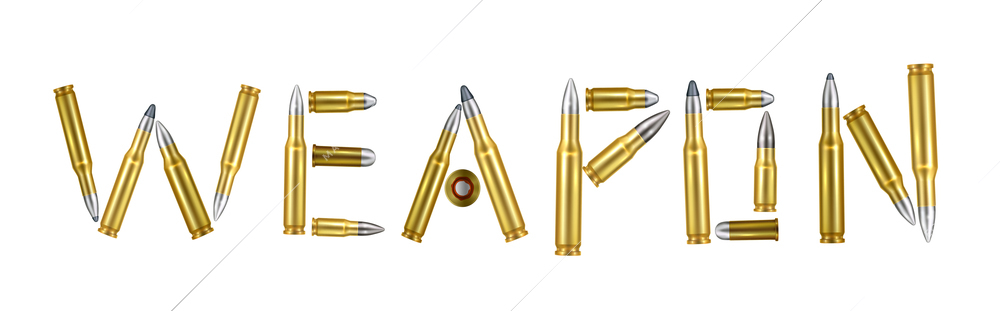 Weapon realistic design concept representing word composed of gold bullets on white background isolated vector illustration