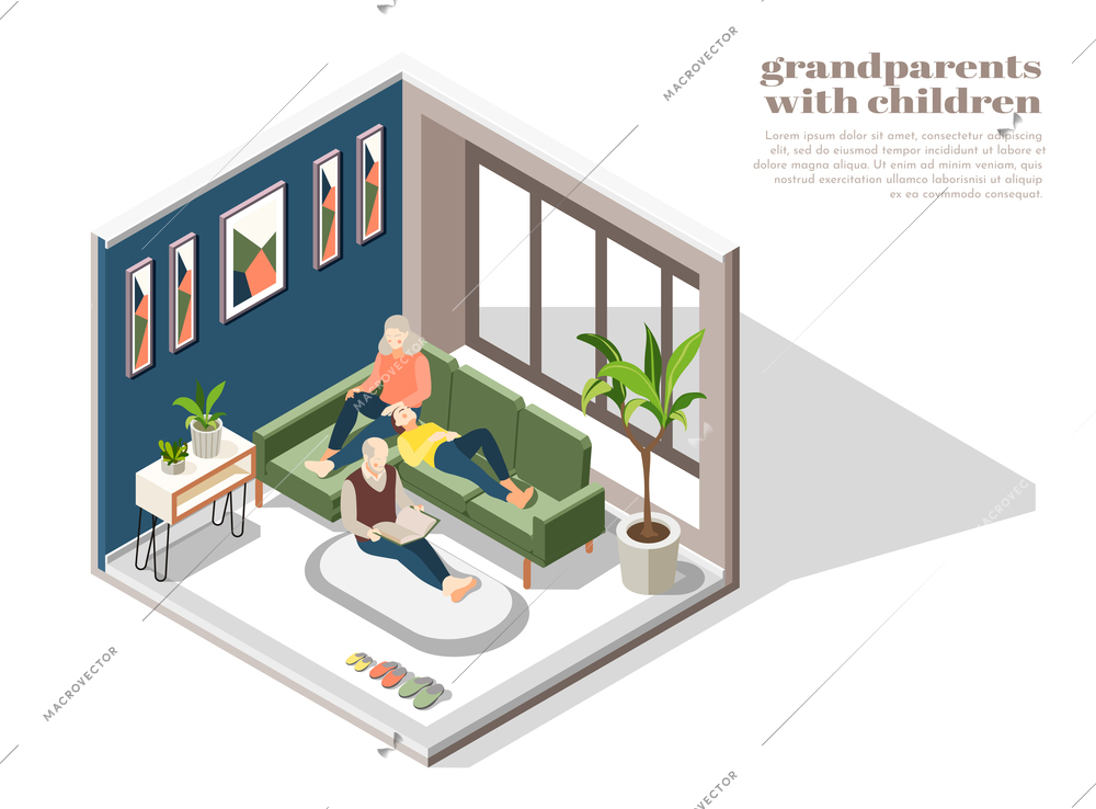 Grandparents with children in home interior with grandmother grandfather and granddaughter reading book together isometric vector illustration