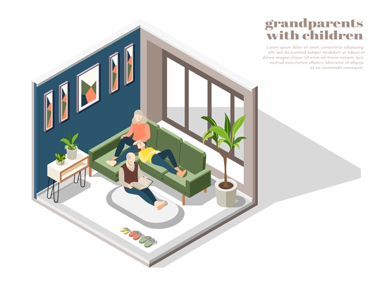 Grandparents with children in home interior with grandmother grandfather and granddaughter reading book together  isometric vector illustration