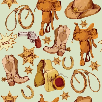 Wild west cowboy colored hand drawn seamless pattern with lasso horse saddle vector illustration