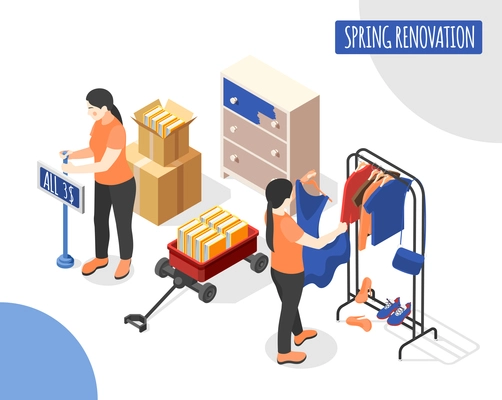 Spring renovation isometric background with saleswomen updating new collection of female clothes in shop trading hall vector illustration