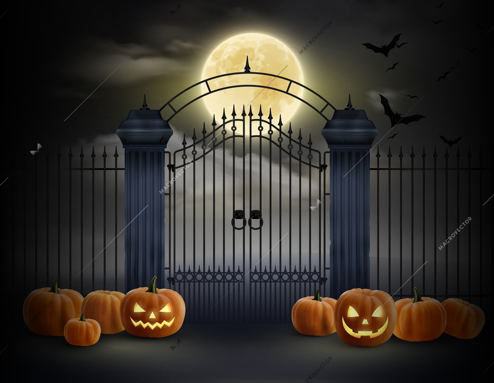 Halloween realistic composition with laughing pumpkin scattered near old cemetery gates at moon night background vector illustration