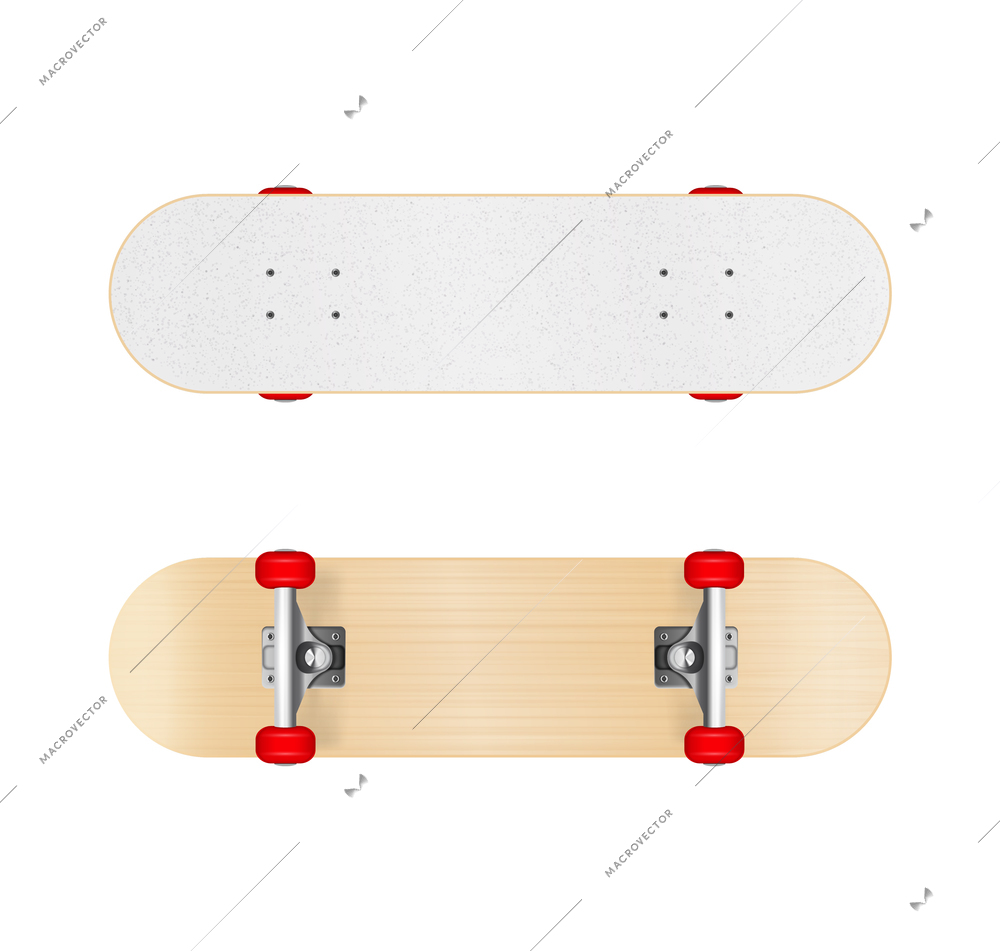 Skateboards images realistic set illustrated sporty equipment displayed from different angles isolated vector illustration