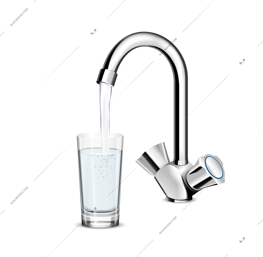 Pouring glass of water from stainless steel kitchen faucet on white background realistic vector illustration