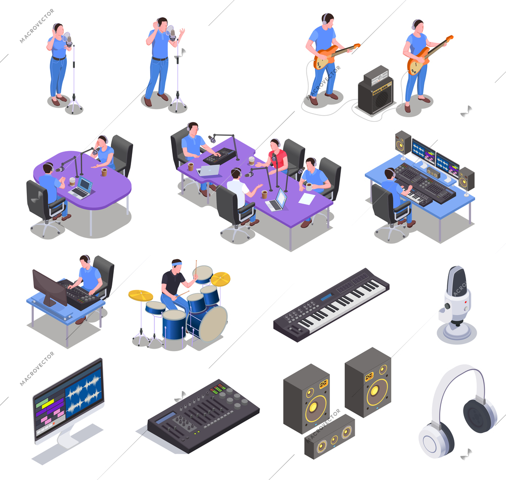 Radio studio icons set with music sound symbols isometric isolated vector illustration