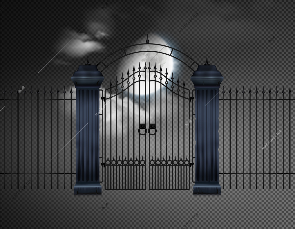 Halloween realistic night composition with old cemetery gates and moon on transparent background vector illustration