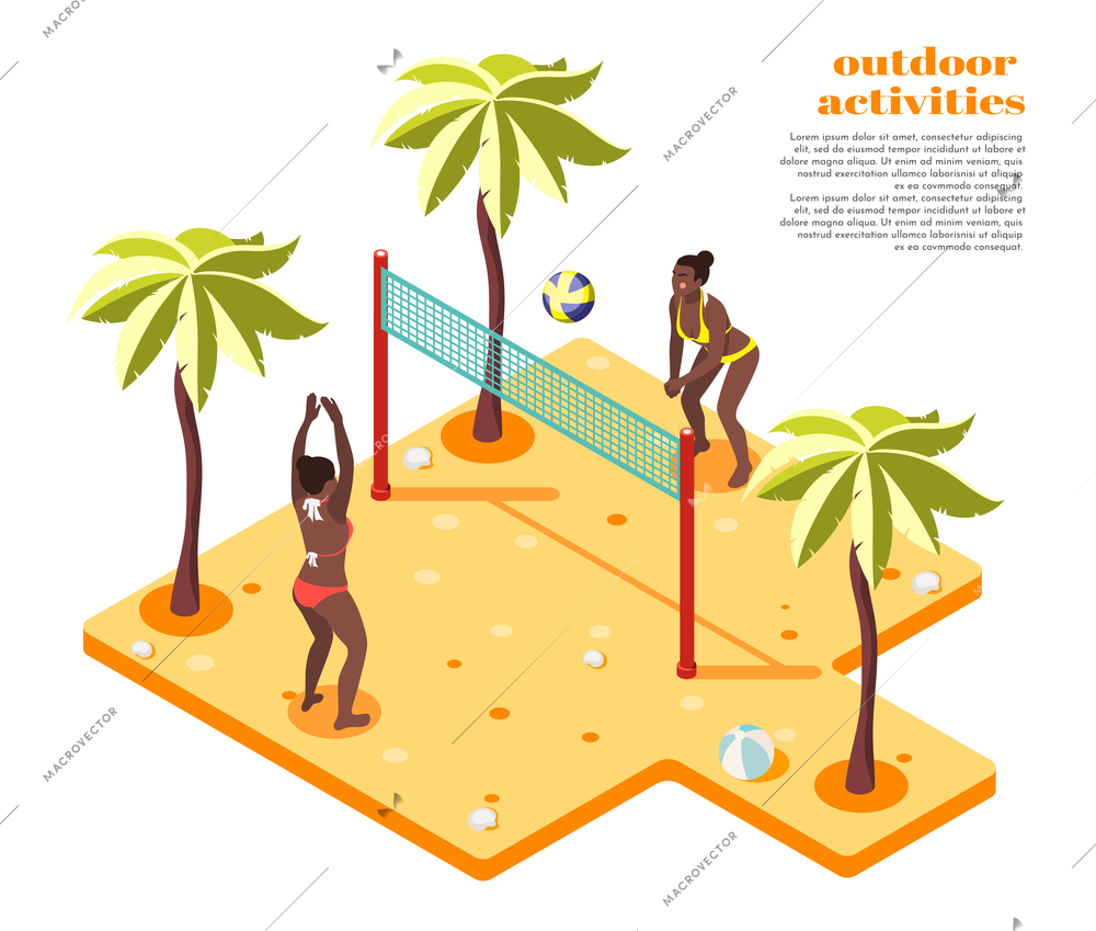 Outdoor activities isometric composition with two girls in swimsuit playing beach volleyball on south sandy coast vector illustration