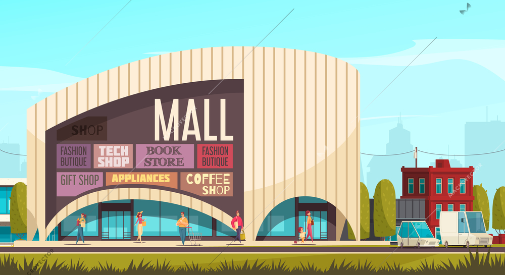 Shopping mall outside composition mall building with tags and headlines of shops on the wall vector illustration