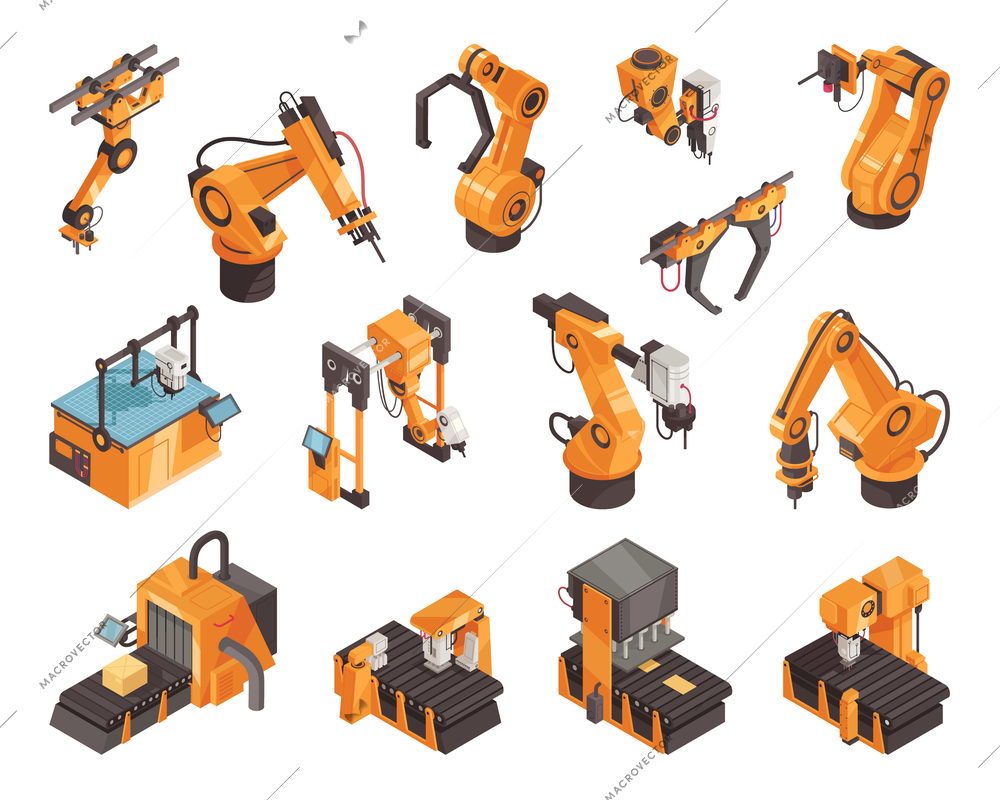 Factory robots and automated machinery isometric icons set isolated on white background 3d vector illustration