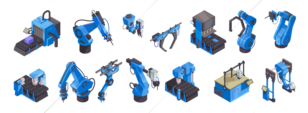 Isometric robot automation color icon set with blue robotics arms and tools vector illustration