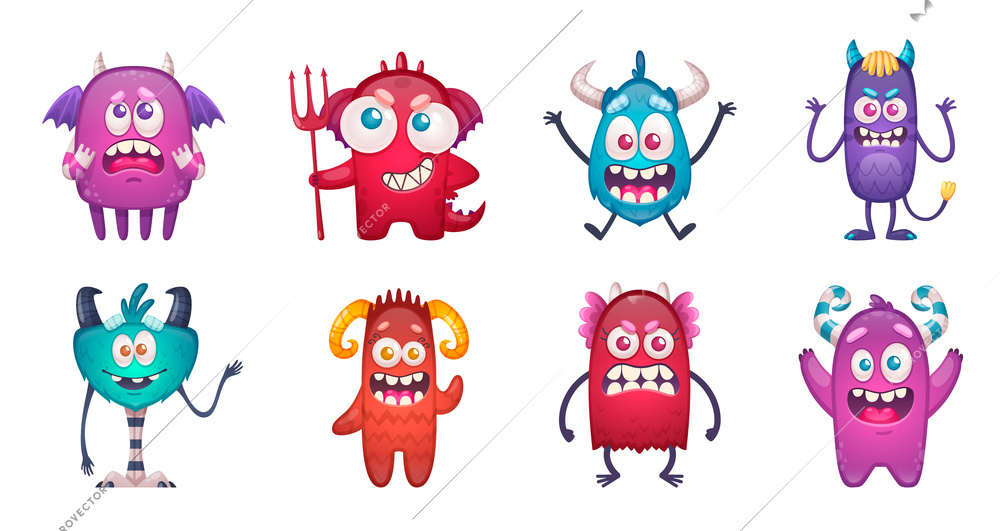 Cartoon monster emoticon set with isolated characters of funny beasts representing different facial emotions and smileys vector illustration