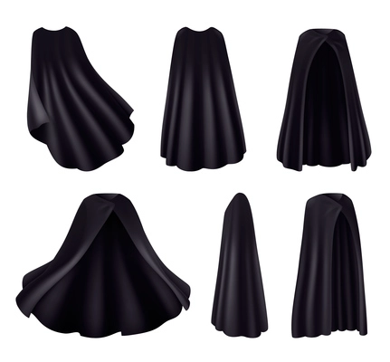 Black mantle realistic set with isolated images of dark cloth robes with folds on blank background vector illustration