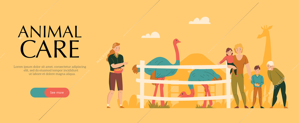 Zoo savanna animals care park flat horizontal yellow background banner with ostrich giraffe visitors family vector illustration