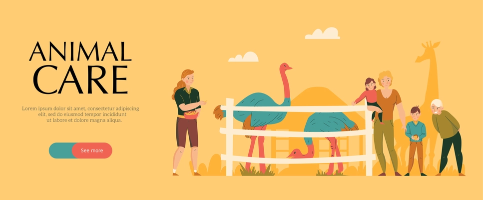 Zoo savanna animals care park flat horizontal yellow background banner with ostrich giraffe visitors family vector illustration