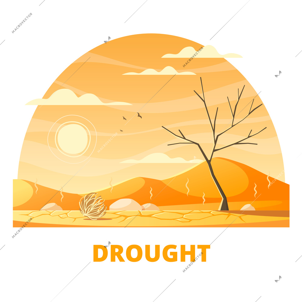 Natural disaster cartoon composition with text and round scenery with desert and heating sun with smoke vector illustration