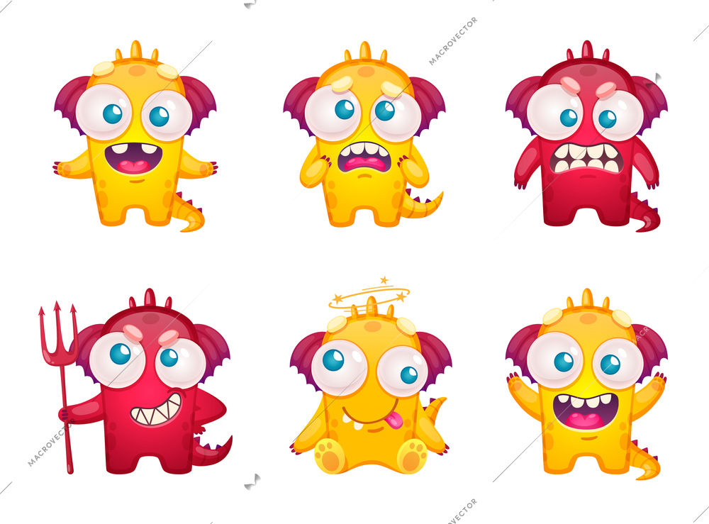 Cartoon monster emoticons set with six isolated characters of funny tailed beast characters on blank background vector illustration
