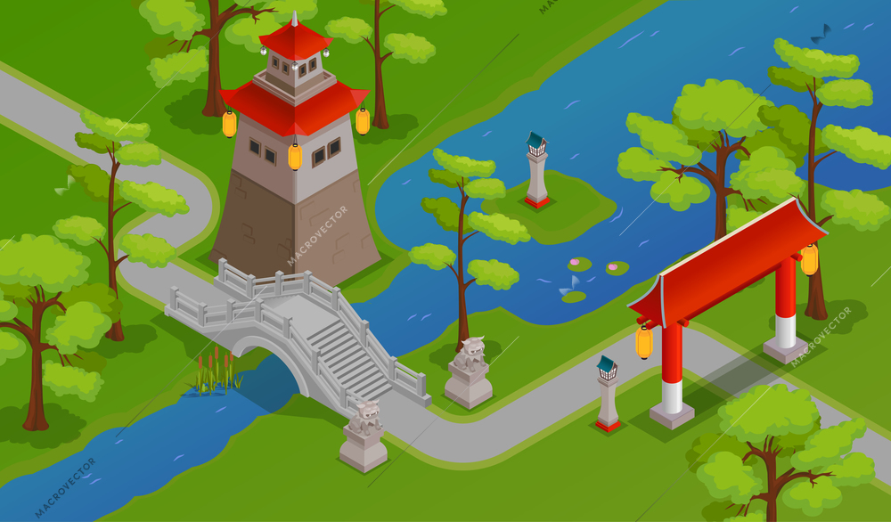 Asian buildings bridge river and landscape isometric background vector illustration