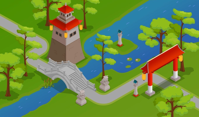 Asian buildings bridge river and landscape isometric background vector illustration