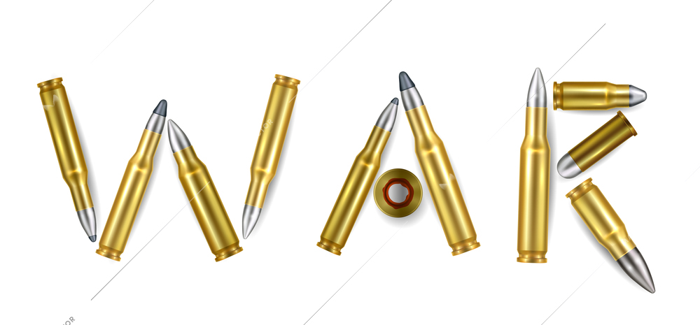 War word realistic composition of isolated gold bullets on white background vector illustration